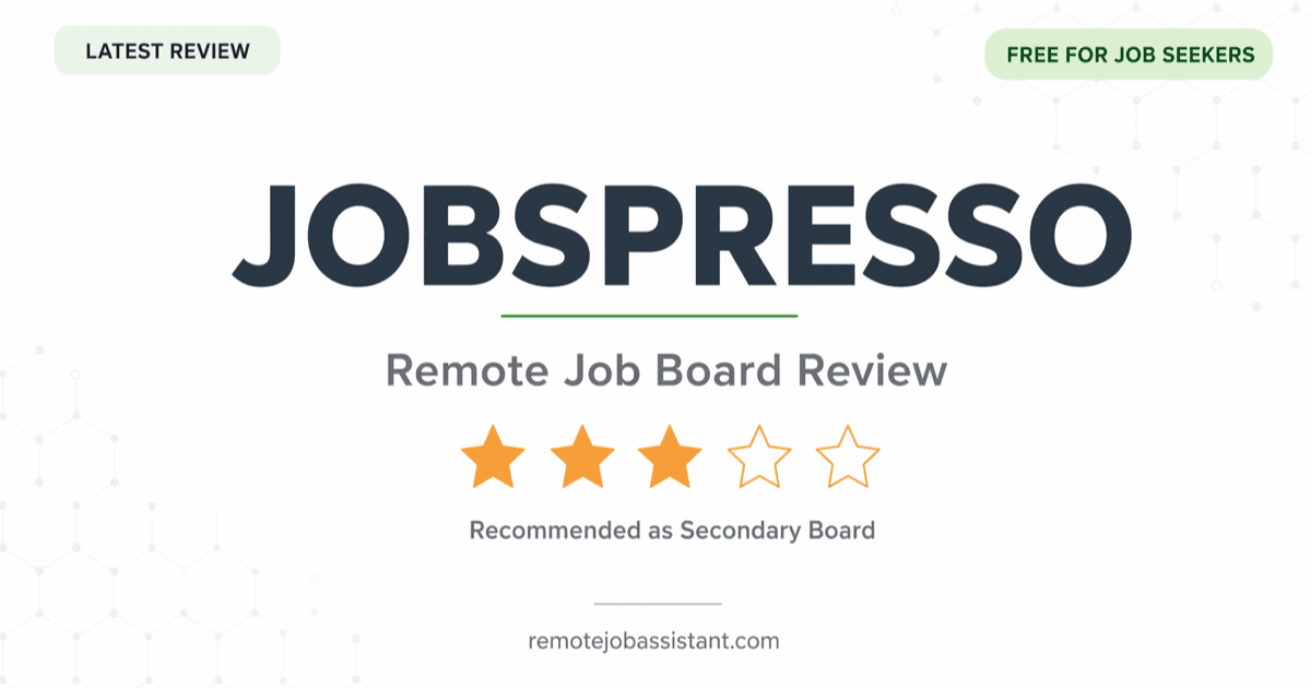 Jobspresso review — rating and verdict card showing the job board's key stats