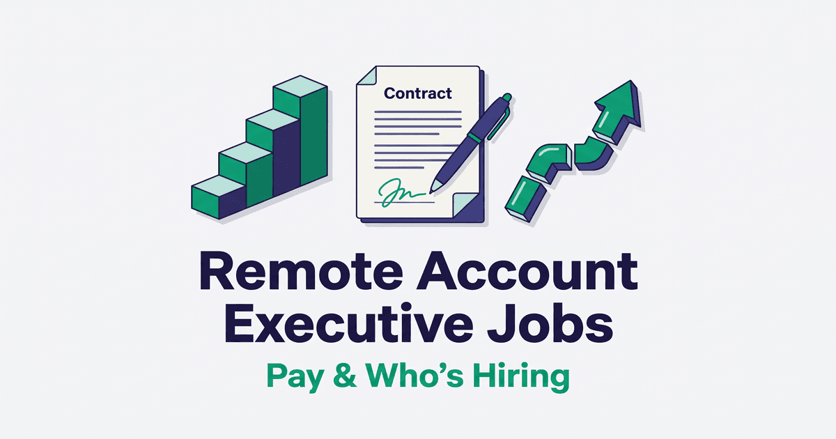 Illustrated magazine-style cover for remote account executive jobs with a rising four-step deal ladder, a signed contract icon, and a pipeline chart on a light background