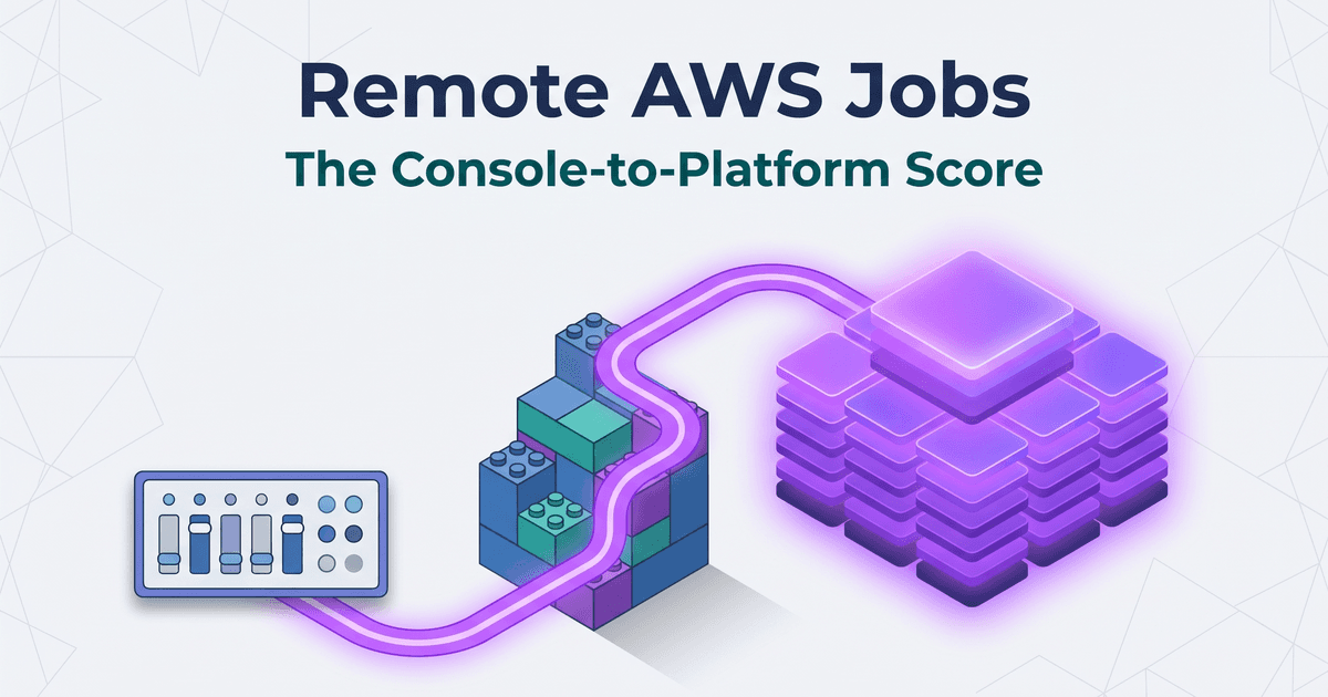 Illustrated magazine-cover graphic for remote AWS jobs: beneath the title Remote AWS Jobs and the subtitle The Console-to-Platform Score, three flat-illustrated objects rise left to right on a light canvas, a small control panel with blank slider switches and plain indicator lights, a stack of interlocking blue, teal and violet building blocks, and a large tiered platform of glowing violet square tiles, joined by one bright violet path that rises from the panel through the blocks to the top of the platform