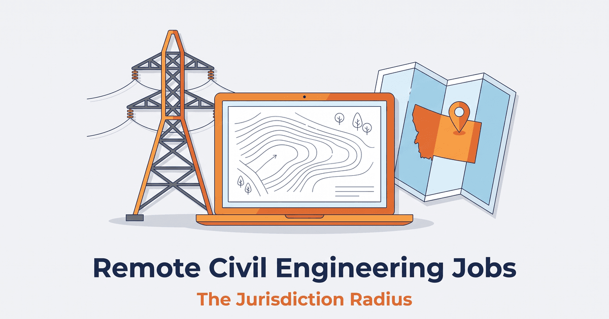 Illustrated magazine-cover graphic for remote civil engineering jobs: a transmission tower, a laptop showing a site grading plan, and a map with a state boundary and location pin, above the title Remote Civil Engineering Jobs and the subtitle The Jurisdiction Radius