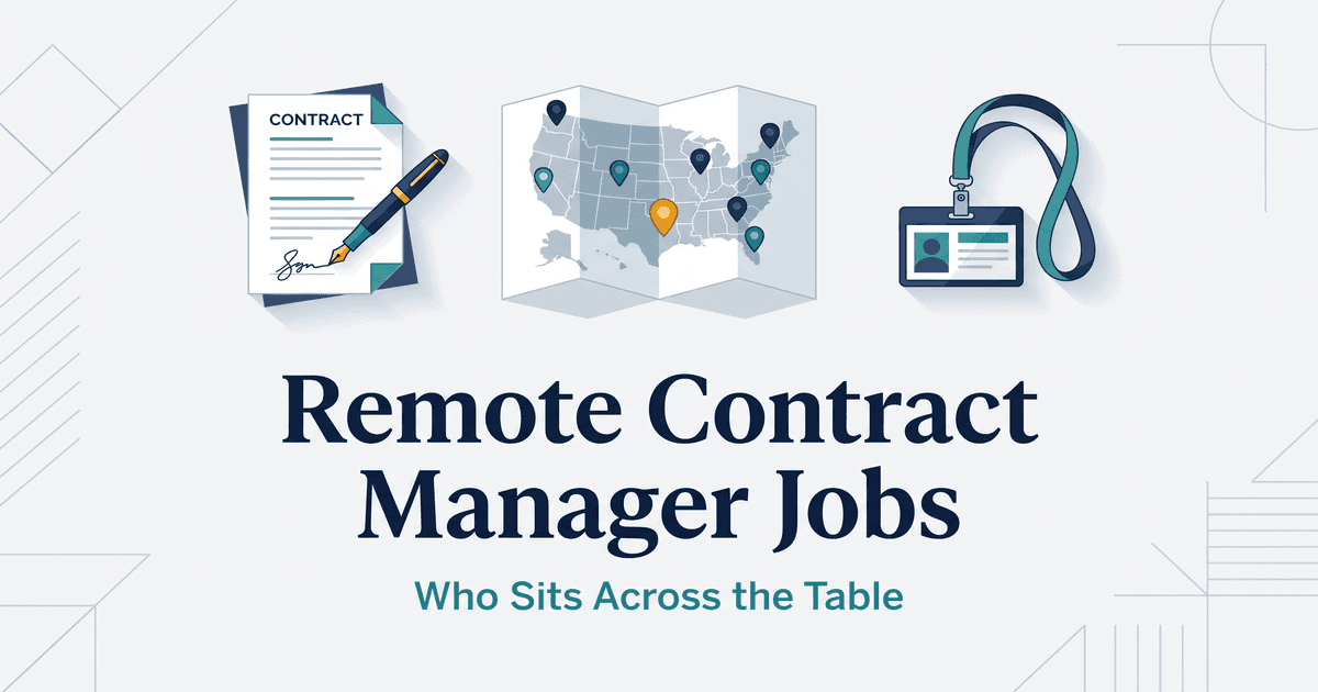 Remote contract manager jobs cover illustration: a signed contract with a pen, a map with pins spread across several states, and a security badge on a lanyard, above the subtitle Who Sits Across the Table