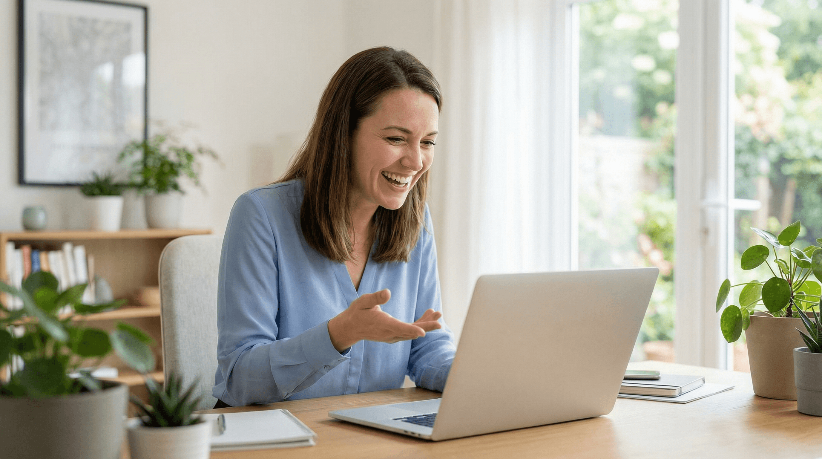 Customer success manager working from home office on video call with client