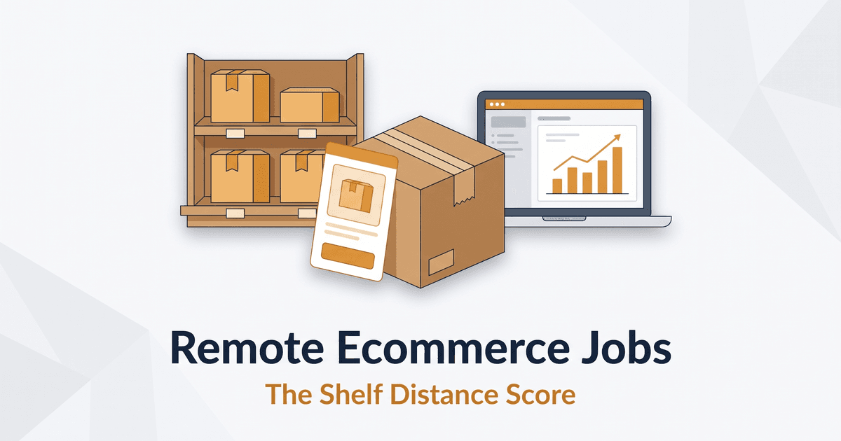 Illustrated magazine-cover graphic for remote ecommerce jobs: a retail shelf stocked with product boxes, a shipping carton with a marketplace listing card, and a laptop showing a simple sales dashboard, above the title Remote Ecommerce Jobs and the subtitle The Shelf Distance Score