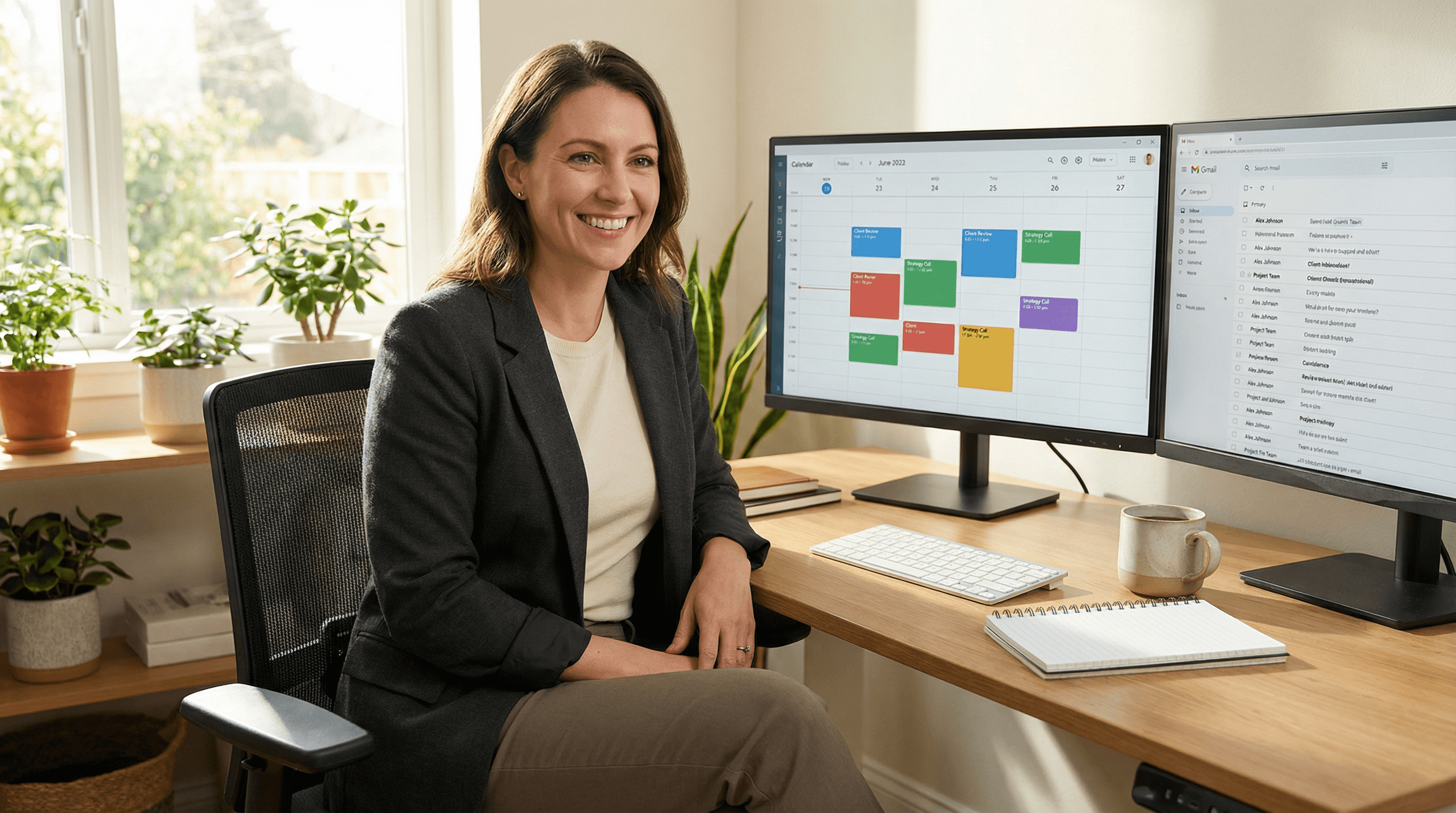 Remote executive assistant working from home office with dual monitors and calendar application