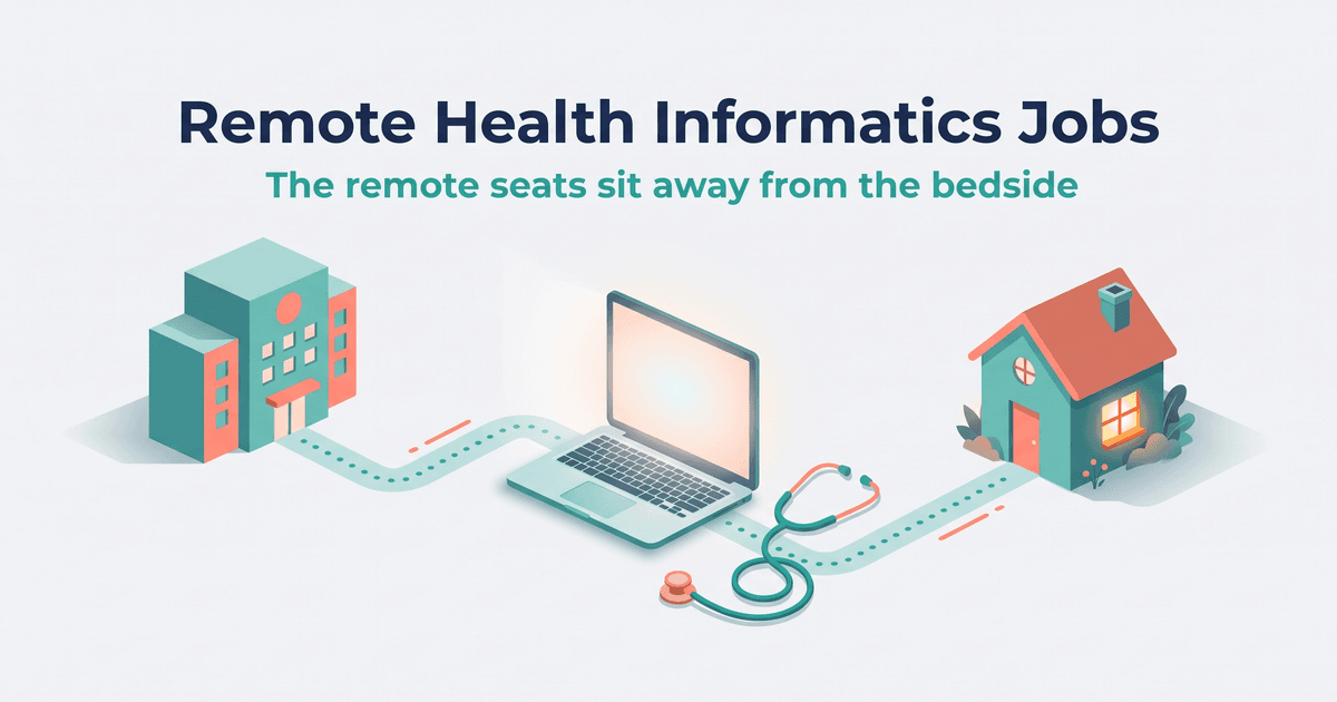 Illustrated cover with the navy title Remote Health Informatics Jobs and the teal subtitle The remote seats sit away from the bedside centred at the top; below, a teal hospital building with coral trim on the left is joined by a winding dotted path to a teal house with a coral roof and one warmly lit window on the right, with an open laptop with a softly glowing blank screen and a coiled teal stethoscope resting on the path between them