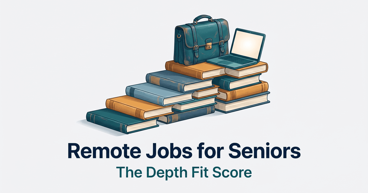 Illustrated magazine-style cover for a guide to remote jobs for seniors, showing a staircase of stacked hardbound books rising to a well-worn leather briefcase and an open laptop, with the subtitle The Depth Fit Score