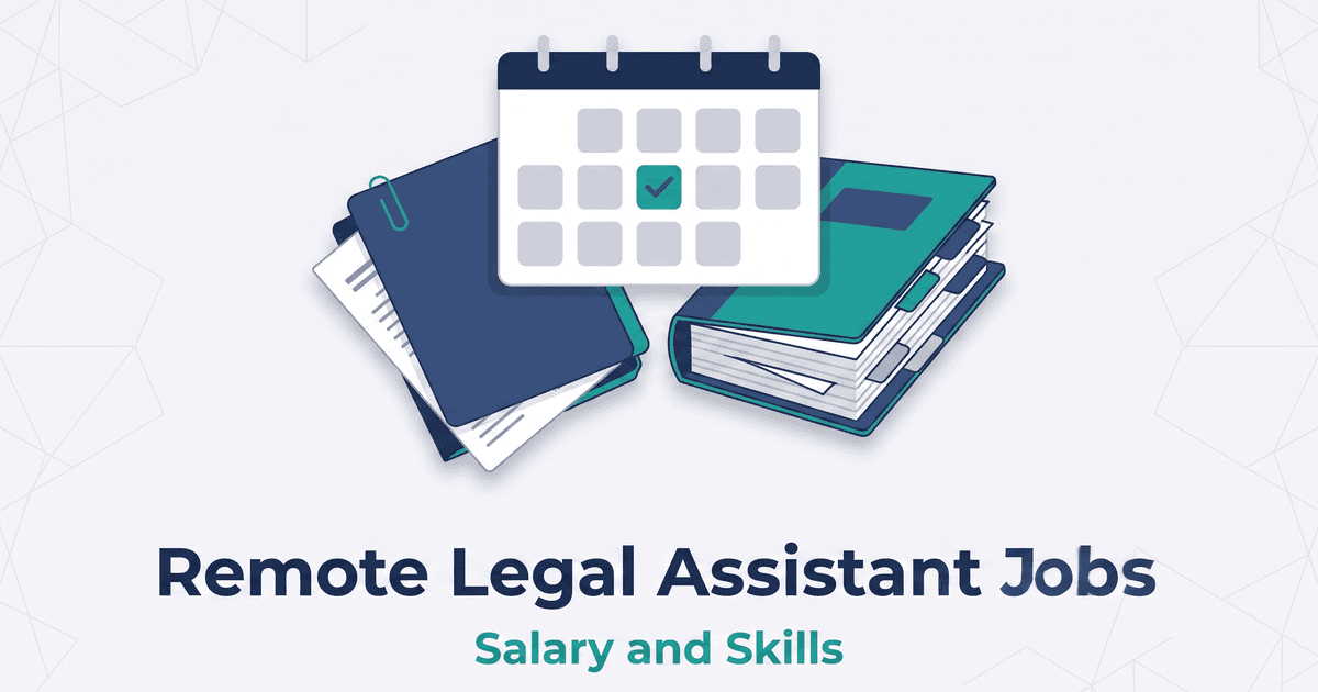 Illustrated magazine-cover graphic for remote legal assistant jobs: a docket calendar, case files, and a bound court binder on a light background