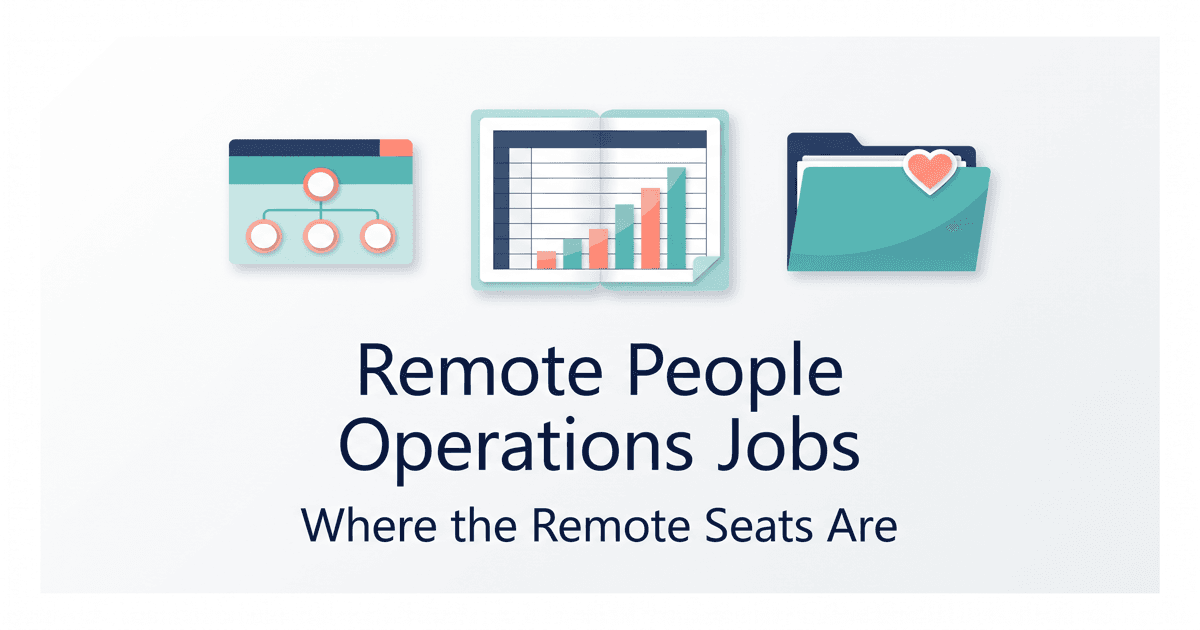 Title card reading Remote People Operations Jobs: Where the Remote Seats Are, above an org chart card, a spreadsheet with a rising bar chart, and a folder marked with a heart on a light background