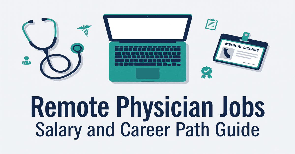 Illustrated magazine-cover graphic for the remote physician jobs guide: a coiled stethoscope, an open laptop, and a medical license badge with small medical icons on a light background