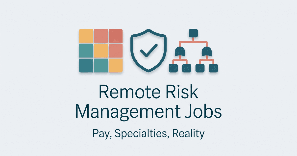 Illustrated magazine-style cover for a remote risk management career guide with a color-coded risk matrix grid, a shield with a checkmark, and an org hierarchy diagram