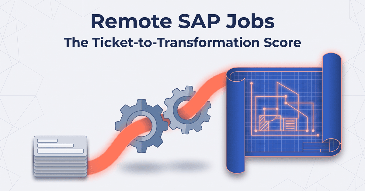 Illustrated magazine-cover graphic for remote SAP jobs: beneath the title Remote SAP Jobs and the subtitle The Ticket-to-Transformation Score, three flat-illustrated objects rise left to right on a light canvas, a small stack of plain support-ticket cards with blank gray bars, a pair of interlocking gray-blue gears, and a large unrolled deep-blue blueprint scroll whose grid and plan lines glow coral, with a curved coral-orange path rising from the tickets through the gears to the blueprint