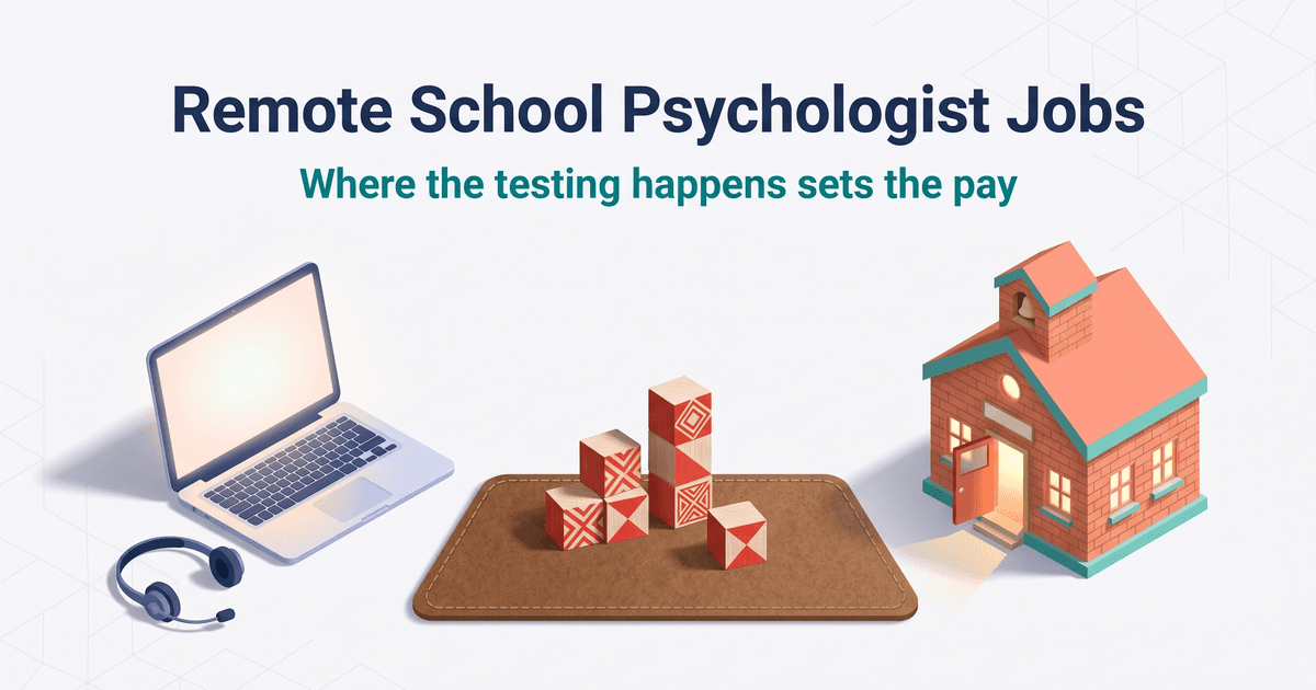 Illustrated cover with the title Remote School Psychologist Jobs and the teal subtitle Where the testing happens sets the pay centered at the top; below them, left to right, an open silver laptop with a blank, softly lit screen and a dark headset lying in front of it, seven wooden testing blocks with red-and-white patterns on a stitched brown felt desk mat, and a brick schoolhouse with a coral roof, teal trim and a bell tower, its front door open and warm light spilling out