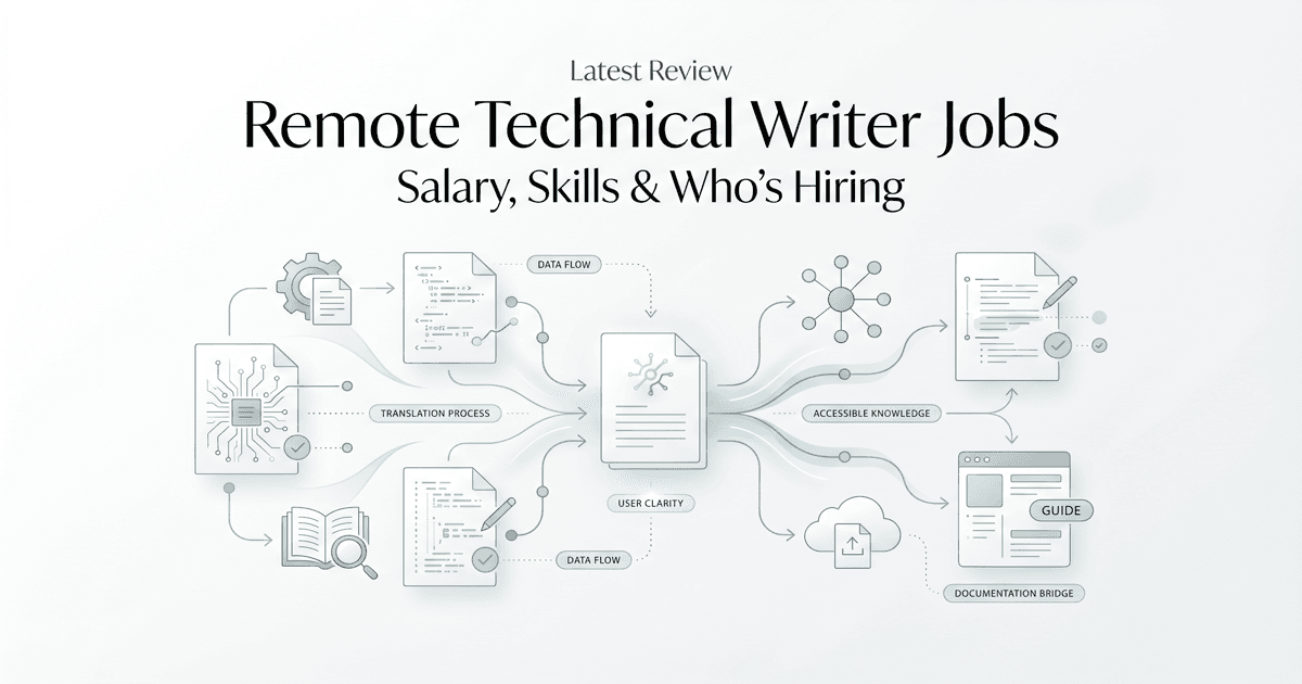 Technical writer working remotely with documentation tools, code editors, and API reference guides open on screen