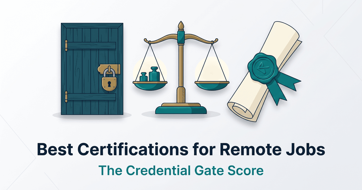 Illustrated magazine-style cover for a guide to the best certifications for remote jobs, showing a padlocked door, a balance scale, and a ribboned certificate, with the subtitle The Credential Gate Score