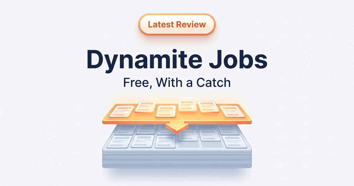 Dynamite Jobs review: Free, With a Catch, with a thin highlighted shelf of promoted job cards resting on a much deeper stack of plain job cards