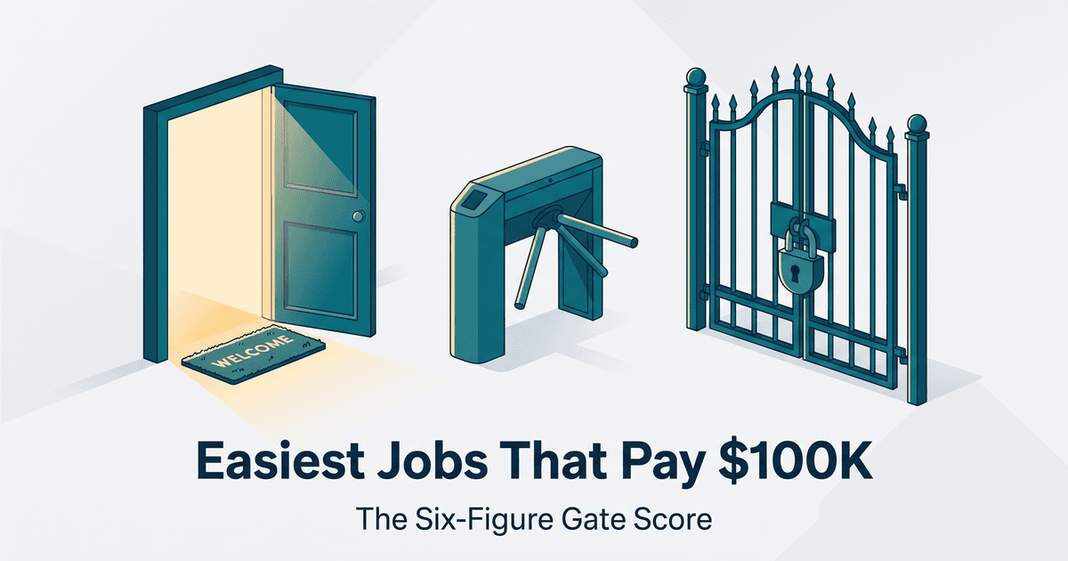Illustrated magazine-style cover for a guide to the easiest jobs that pay $100K, showing an open doorway, a turnstile and a padlocked gate, with the subtitle The Six-Figure Gate Score