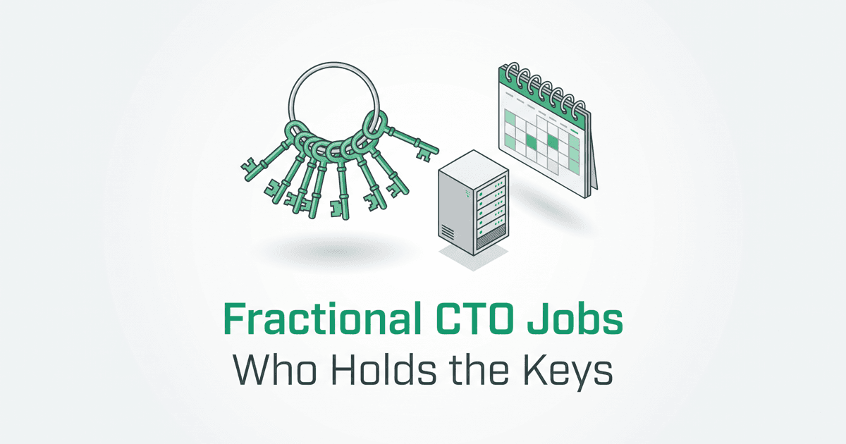 Illustrated magazine-cover title card for Fractional CTO Jobs with a ring of keys, a server rack with status lights, and a partly shaded wall calendar on a light background, subtitled Who Holds the Keys