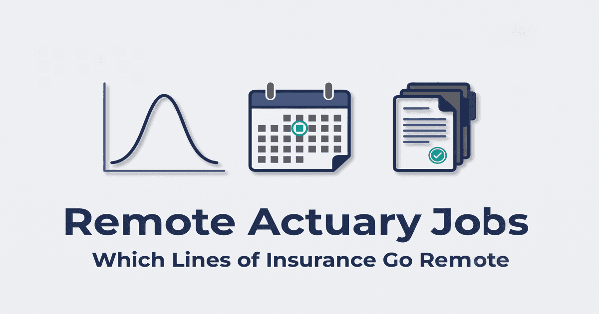 Illustrated magazine-style cover for a remote actuary career guide with a bell curve, a calendar page with one date circled, and a stack of filed documents