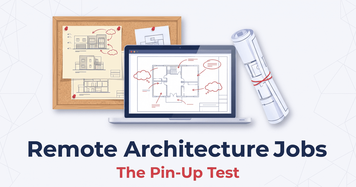 Illustrated magazine-cover graphic for remote architecture jobs: a cork pin-up board with pinned building elevations, a laptop showing a marked-up floor plan, and a rolled set of drawings, above the title Remote Architecture Jobs and the subtitle The Pin-Up Test