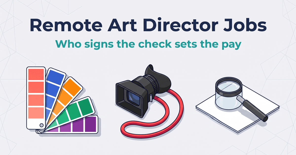 Illustrated cover on a light gray canvas with faint polygon line art at the edges. The navy title Remote Art Director Jobs and the teal subtitle Who signs the check sets the pay are centered at the top, above three objects in a row: a fanned deck of coral, blue, orange, green and purple color-chip strips on the left, a black director's viewfinder with a rubber eyecup and a red cord looping beneath it in the center, and a glass loupe with a dark handle resting on two stacked blank white sheets on the right