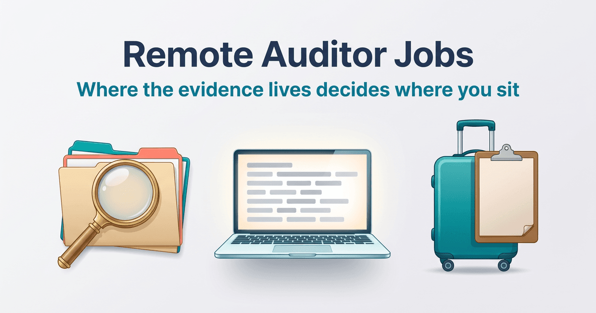Illustrated cover on a light gray canvas with the navy title Remote Auditor Jobs and the teal subtitle Where the evidence lives decides where you sit centred at the top. Below, left to right: a stack of blank file folders with tan, coral and teal tabs and a large brass magnifying glass resting across the front folder; an open silver laptop whose cream screen shows only rows of abstract gray bars; and a small teal rolling suitcase with a silver pull handle and a brown clipboard holding a blank page propped against its front