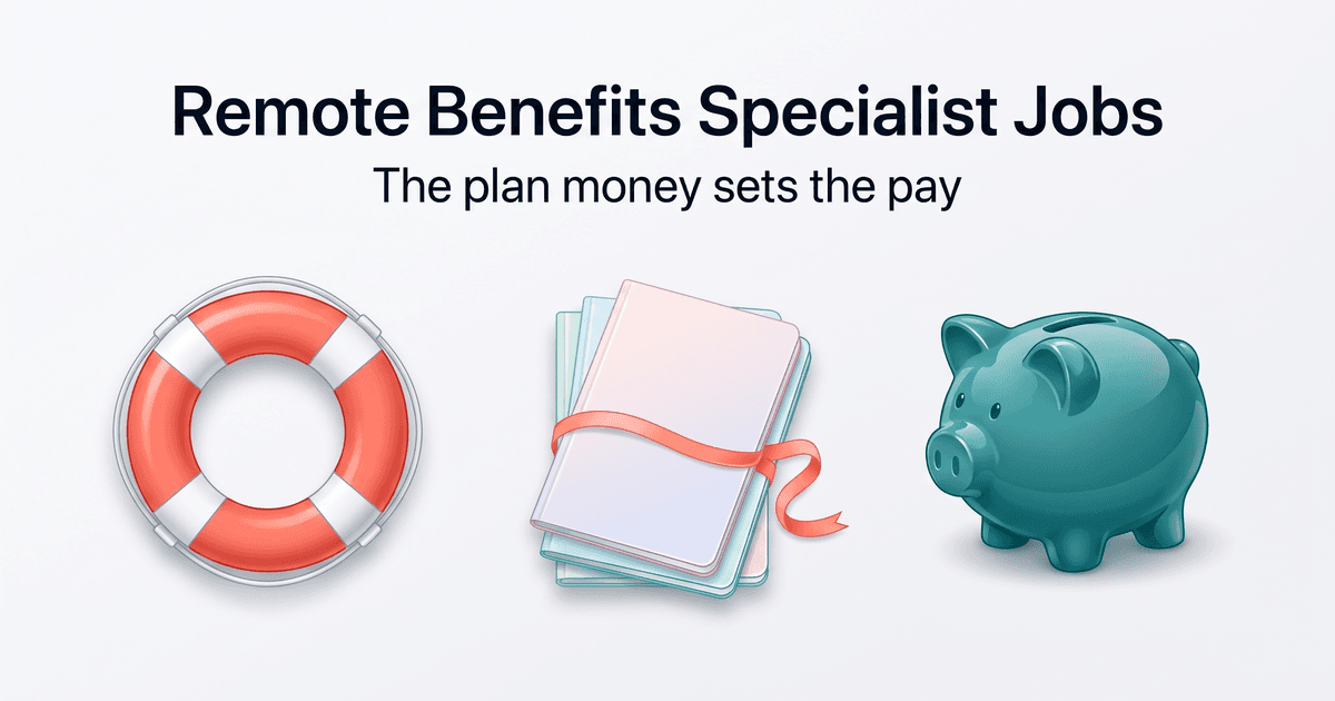Illustrated cover on a light gray canvas with the navy title Remote Benefits Specialist Jobs and the subtitle The plan money sets the pay, both centered at the top. Below them, three objects in a row, each over a soft shadow: a coral-red life ring with four white bands and a gray rope around its rim, a fanned stack of three blank booklets in lavender, light blue and mint with a coral ribbon wrapped across them and a loose tail trailing to the right, and a glossy teal ceramic piggy bank facing left