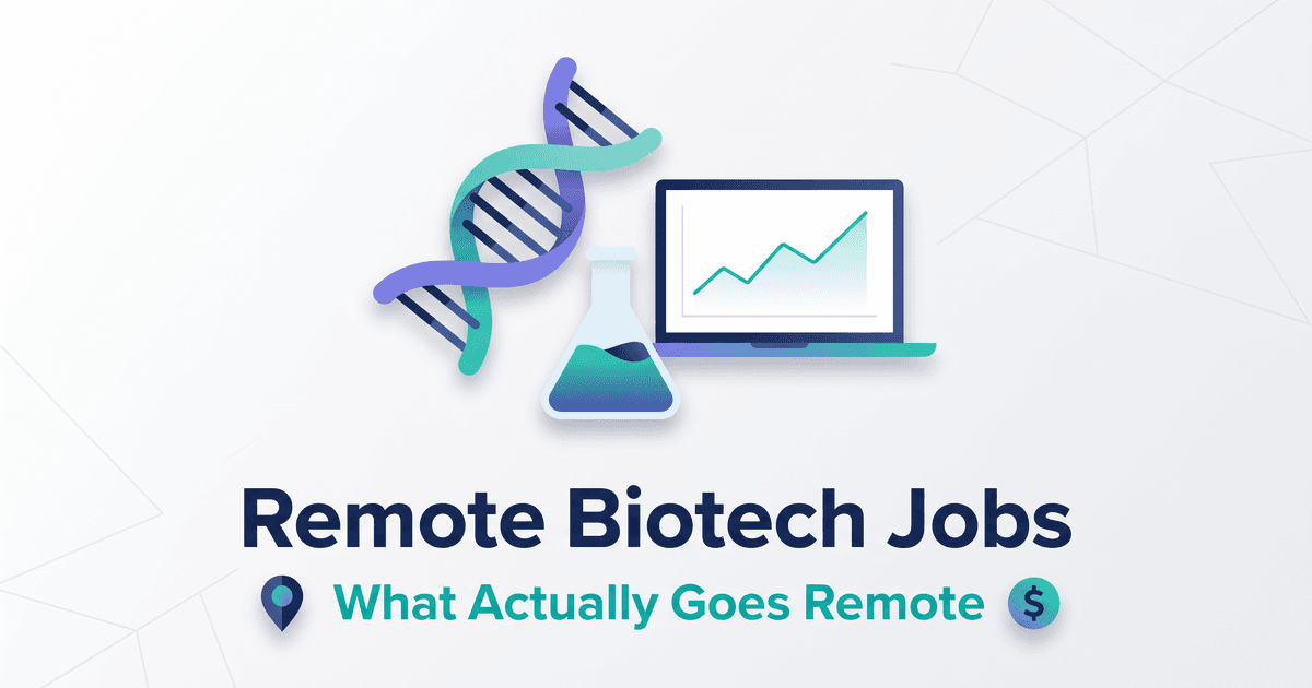 Illustrated magazine-cover graphic for the remote biotech jobs guide: a DNA helix, a laptop showing a data chart, and a laboratory flask with a location pin and salary badge on a light background