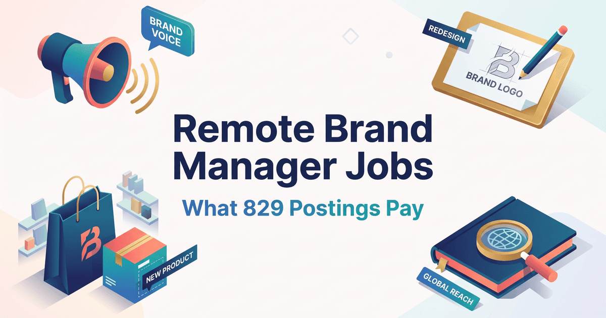 Illustrated magazine-cover graphic for remote brand manager jobs: the title Remote Brand Manager Jobs and the subtitle What 829 Postings Pay sit centered on a light canvas between four objects, a teal and coral megaphone with gold sound waves and a Brand Voice speech bubble at upper left, a gold drafting board where a pencil sketches a B logo labeled Brand Logo under a Redesign tag at upper right, a navy shopping bag with a coral B beside a New Product box and small store shelves at lower left, and a navy book under a gold magnifying glass showing a globe, tagged Global Reach, at lower right