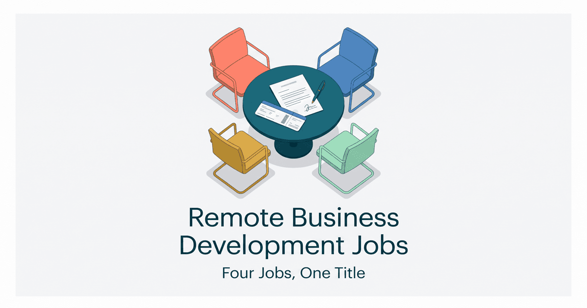 Illustrated magazine-style cover for remote business development jobs showing four color-coded seats around a deal table, a signed partnership document, and a boarding pass on a light background