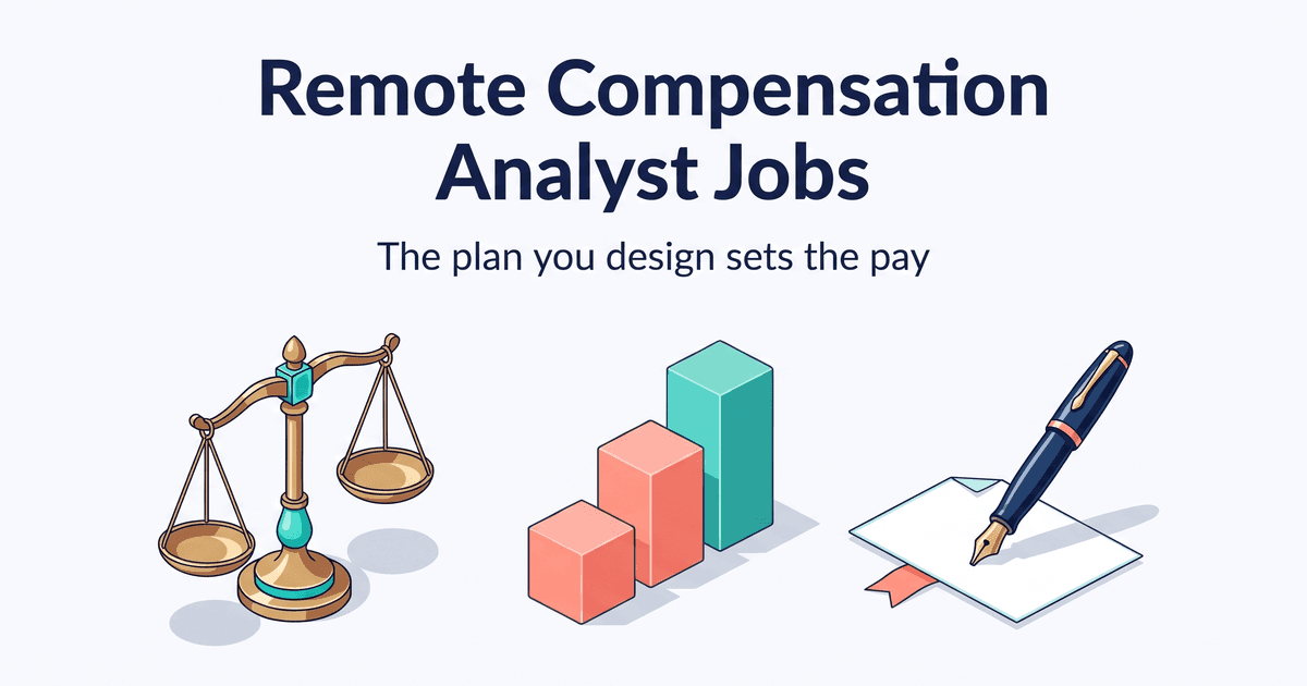 Illustrated cover on a light canvas with the navy title Remote Compensation Analyst Jobs and the subtitle The plan you design sets the pay centered at the top, above three objects in a row: a polished brass balance scale with turquoise accents on the left, three blocks rising like steps in the center, two coral and the tallest teal, and a navy fountain pen with gold trim on the right, its nib touching a blank sheet of paper with a folded corner and a coral ribbon tab
