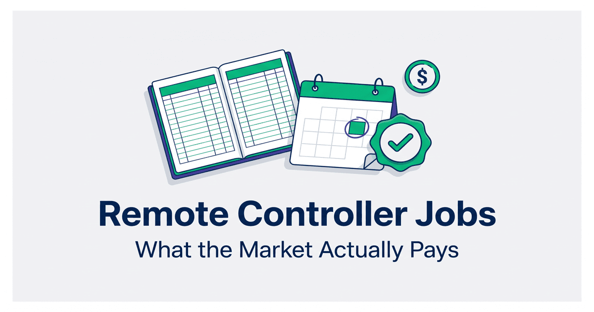 Illustrated cover for a remote controller jobs guide showing an open ledger, a close calendar with a marked date, a dollar coin, and a green checkmark badge