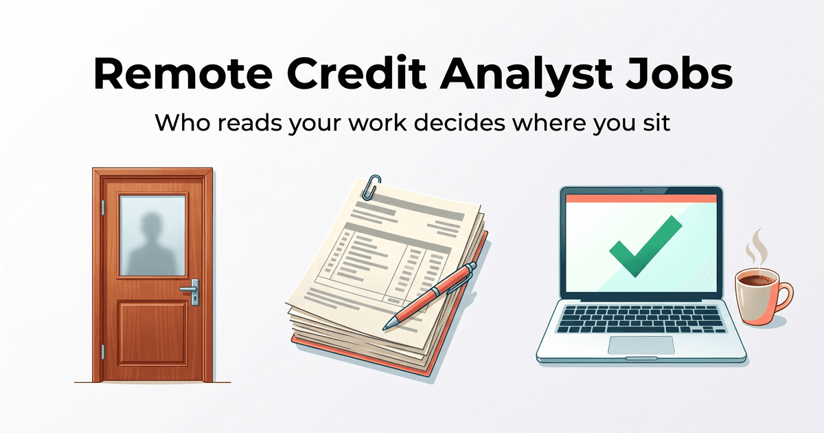 Illustrated cover on a light canvas with the title Remote Credit Analyst Jobs and the subtitle Who reads your work decides where you sit, above a closed wooden conference-room door with a blurred figure behind its frosted glass panel, a clipped stack of financial statements with a red pen lying across them, and an open laptop showing a green checkmark beside a coffee mug