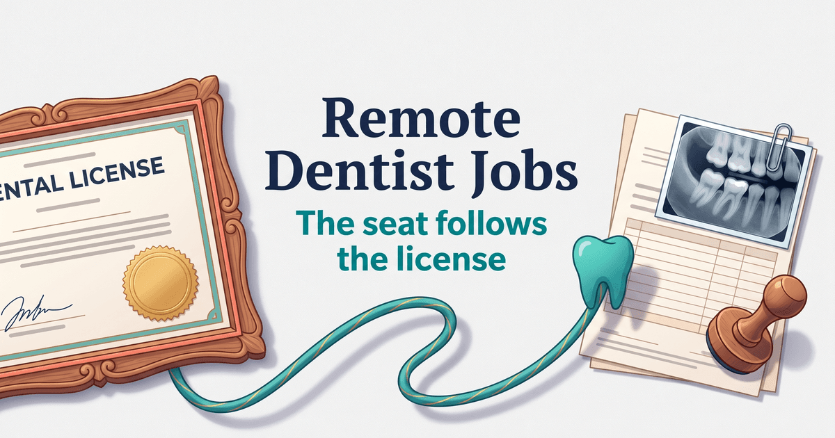 Illustrated cover for Remote Dentist Jobs with the teal subtitle The seat follows the license, centered between a wood-framed dental license certificate with a blank gold seal running off the left edge and, on the right, a stack of claim forms with a bitewing radiograph paper-clipped on top and a wooden rubber stamp; a teal cord curves along the bottom from the license frame to a teal tooth beside the forms