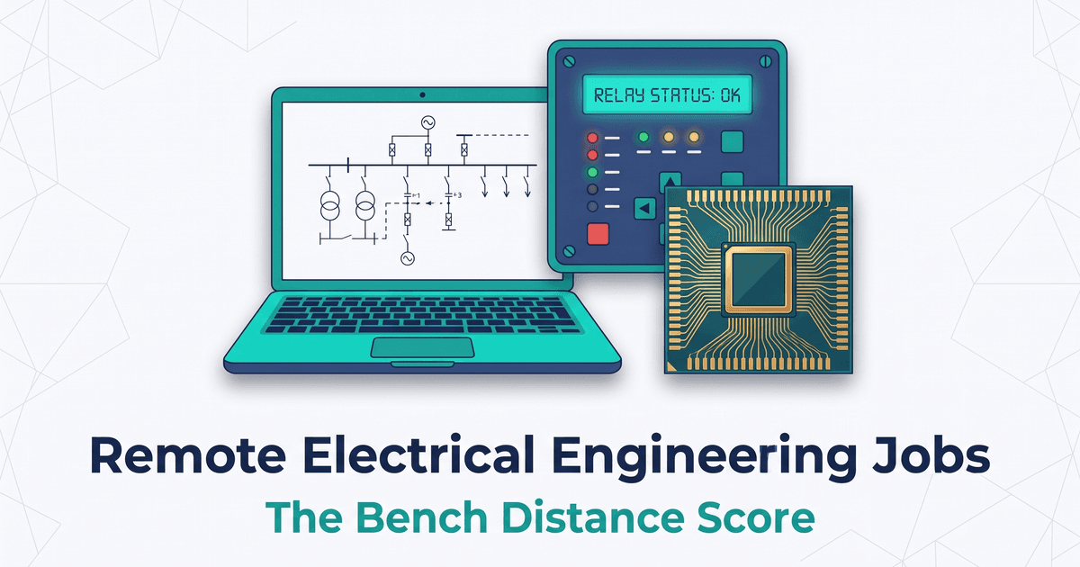 Illustrated magazine-cover graphic for remote electrical engineering jobs: a laptop showing a substation one-line diagram, a protective relay, and a silicon chip, above the title Remote Electrical Engineering Jobs and the subtitle The Bench Distance Score