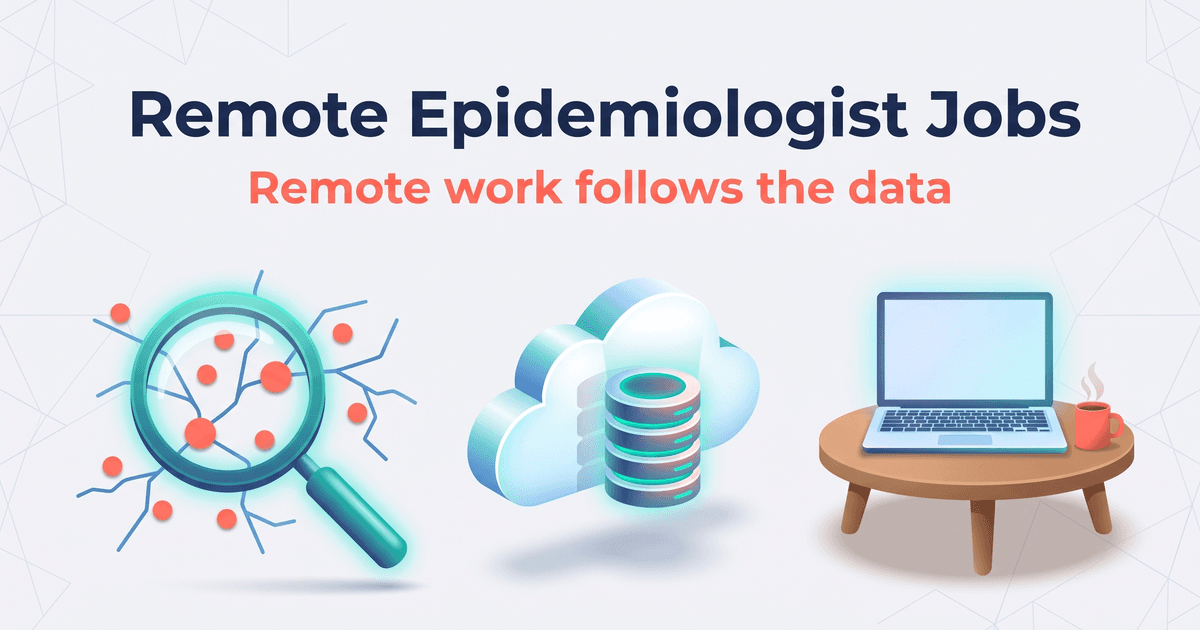 Illustrated cover with the title Remote Epidemiologist Jobs and the subtitle Remote work follows the data; below, a teal magnifying glass over branching blue lines dotted with coral case markers on the left, a cloud holding a stack of database disks in the center, and an open laptop with a softly lit blank screen beside a steaming mug on a small home table on the right