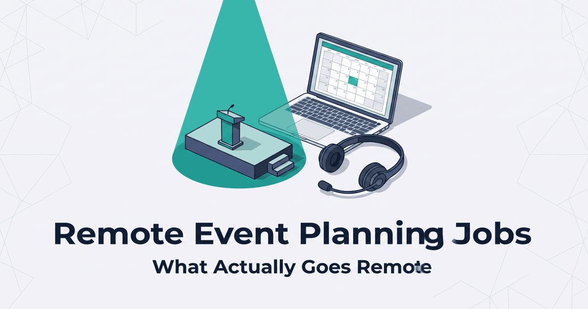 Illustrated cover for the remote event planning jobs guide: a stage-and-headset graphic beside a laptop and calendar on a light background
