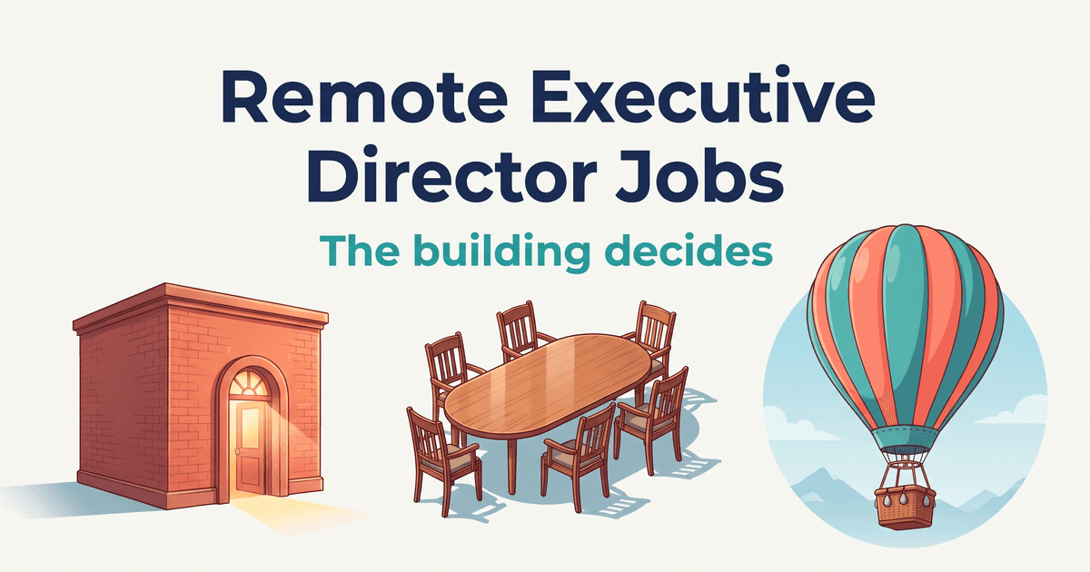 Illustrated cover on a light gray canvas. The navy title Remote Executive Director Jobs and the teal subtitle The building decides are centered at the top, above three objects in a row: a small plain red-brick building with warm light spilling from its arched doorway on the left, an empty oval wooden table ringed by six empty wooden armchairs, seen from slightly above, in the center, and a coral and teal striped hot-air balloon rising inside a pale blue circle of sky with clouds and distant hills on the right, its empty wicker basket hung with small sandbags
