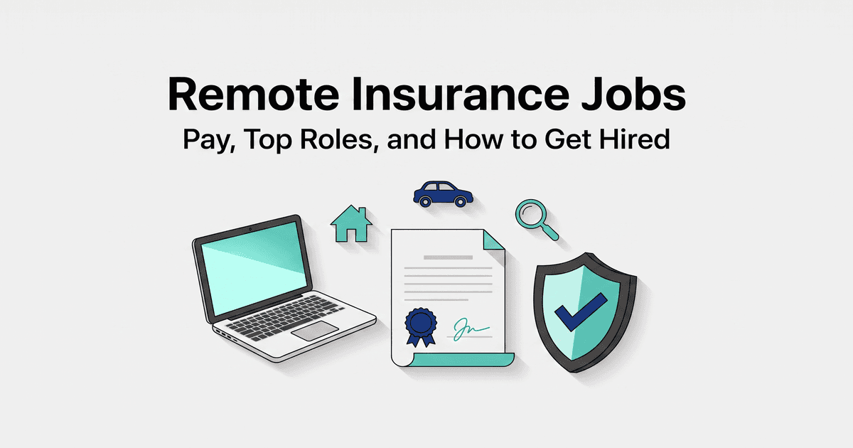 Illustrated magazine-cover graphic of remote insurance work showing a laptop, policy documents, and claims workflow icons