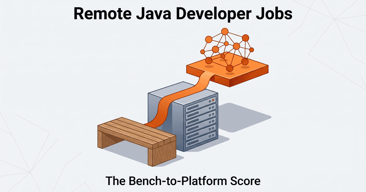 Illustrated magazine-cover graphic for remote Java developer jobs: three flat-illustrated blocks rising as a staircase from a plain wooden bench, through a gray server tower with drawer lines, to a floating orange platform slab carrying a cluster of connected round nodes, linked by one curved orange path, beneath the title Remote Java Developer Jobs and above the subtitle The Bench-to-Platform Score