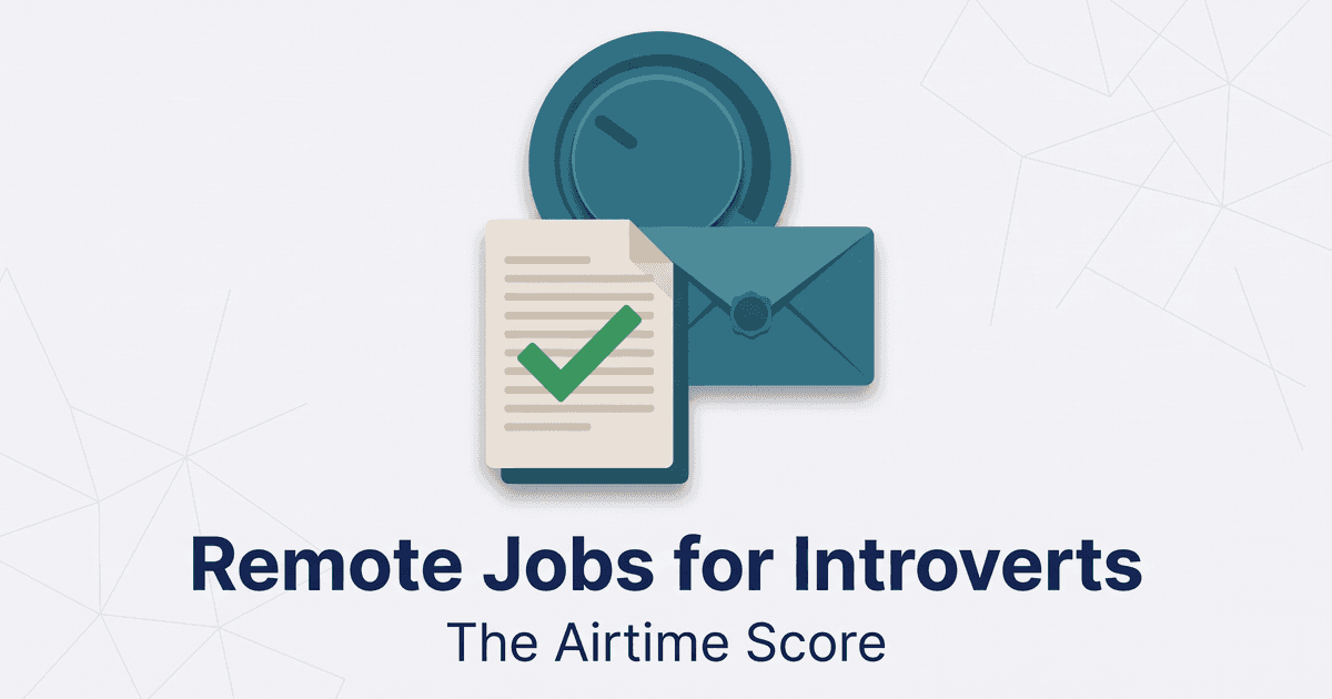 Remote jobs for introverts cover illustration: a volume dial turned almost to zero, a written document with a green checkmark, and a closed envelope, above the subtitle The Airtime Score