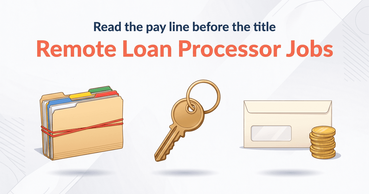 Illustrated cover on a light canvas with the navy line Read the pay line before the title above the coral title Remote Loan Processor Jobs, both centered at the top. Below them, three objects in a row, each over a soft shadow: a stack of manila loan file folders with blue, yellow, green and red tabs held by a red rubber band, a large brass house key on a ring, and a plain cream envelope with an empty window and a short stack of gold coins at its front right corner