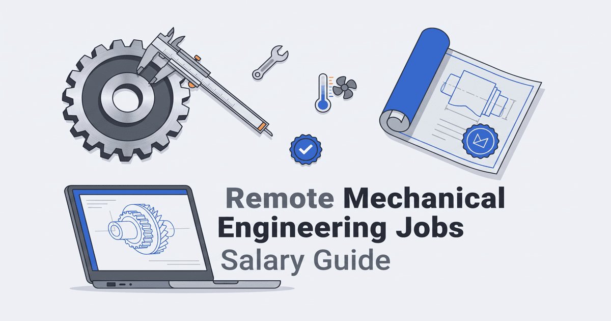 Illustrated magazine-cover graphic for remote mechanical engineering jobs: a gear and caliper, a rolled engineering drawing with a PE seal, and a laptop showing a wireframe part, above the title Remote Mechanical Engineering Jobs
