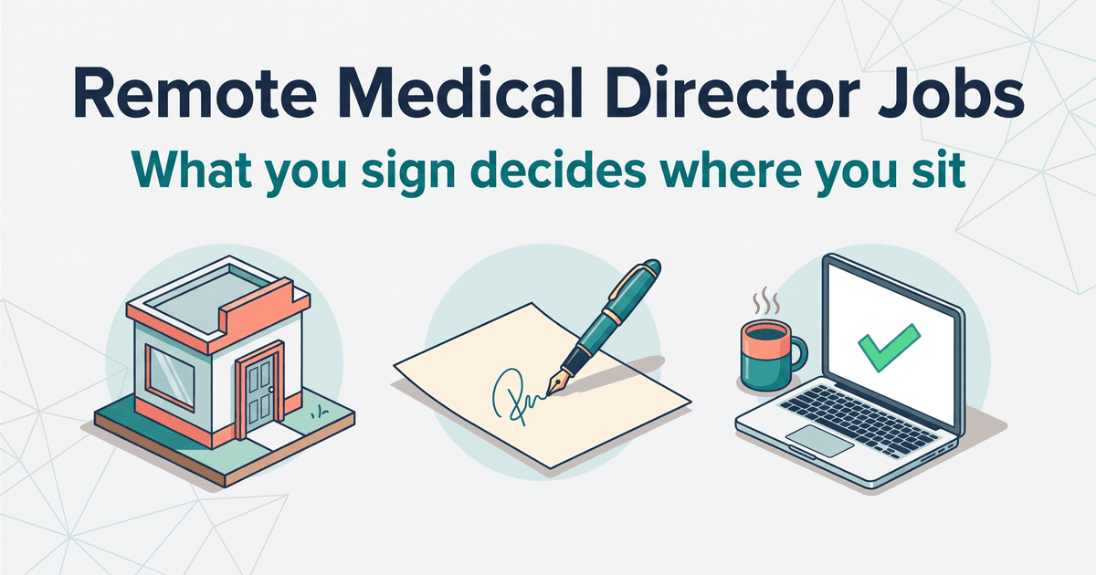 Illustrated cover on a light gray canvas with the title Remote Medical Director Jobs in navy and the subtitle What you sign decides where you sit in teal, centered at the top; below, left to right on pale aqua circles, a small single-story clinic building with coral trim, a window and a closed front door on a teal base, a teal and gold fountain pen finishing a looping ink signature on a cream sheet of paper, and an open laptop showing a large green checkmark beside a steaming teal mug with a coral rim