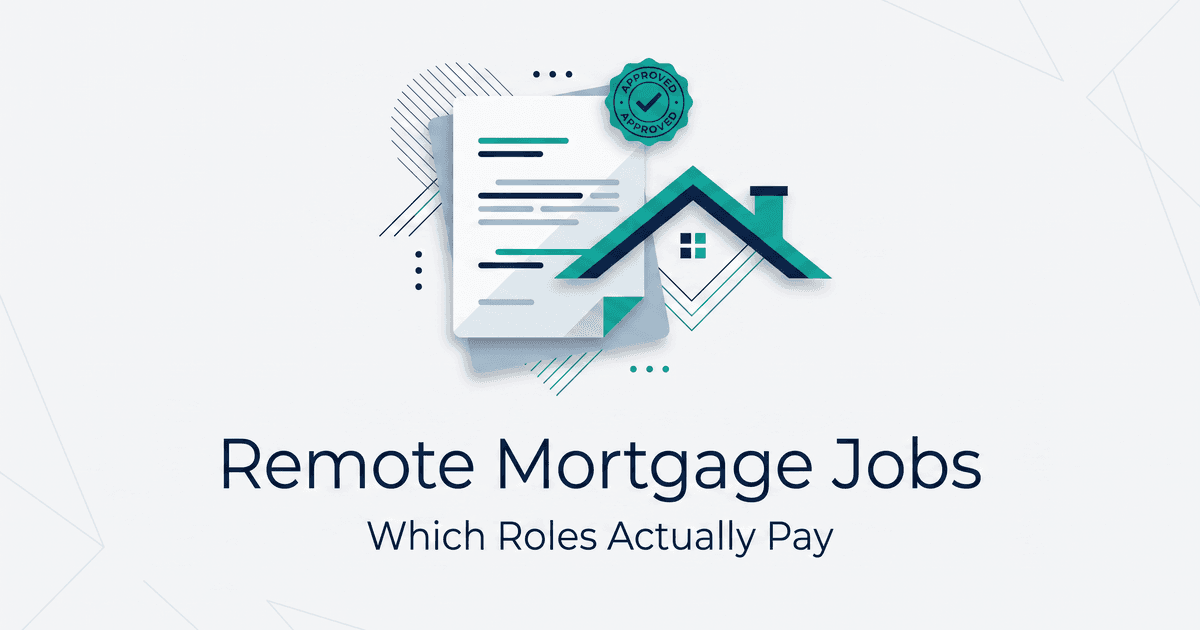 Illustrated title card for Remote Mortgage Jobs showing a stacked loan document, a house roofline, and an approval seal badge on a light background