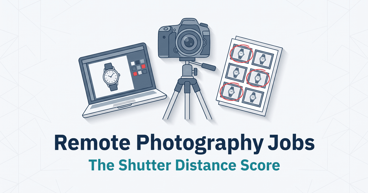 Illustrated magazine-cover graphic for remote photography jobs: a camera on a tripod, a laptop showing a retouched product photo beside color swatches, and a contact sheet marked in red grease pencil, above the title Remote Photography Jobs and the subtitle The Shutter Distance Score