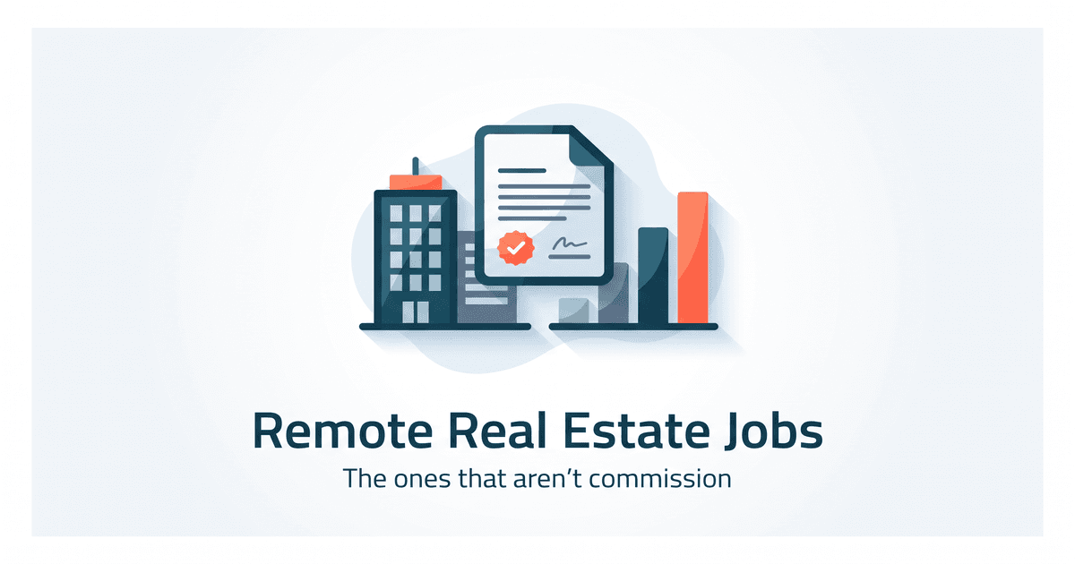 Illustrated cover for the remote real estate jobs guide: an office building, a document, and a chart icon arranged above the article title on a light background
