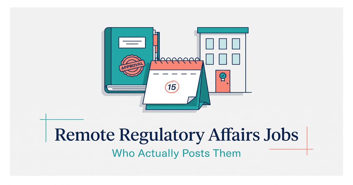 Remote regulatory affairs jobs cover illustration: a teal submission binder stamped APPROVAL, a desk calendar with the 15th circled, and an office building with a badge on its door, above the subtitle Who Actually Posts Them