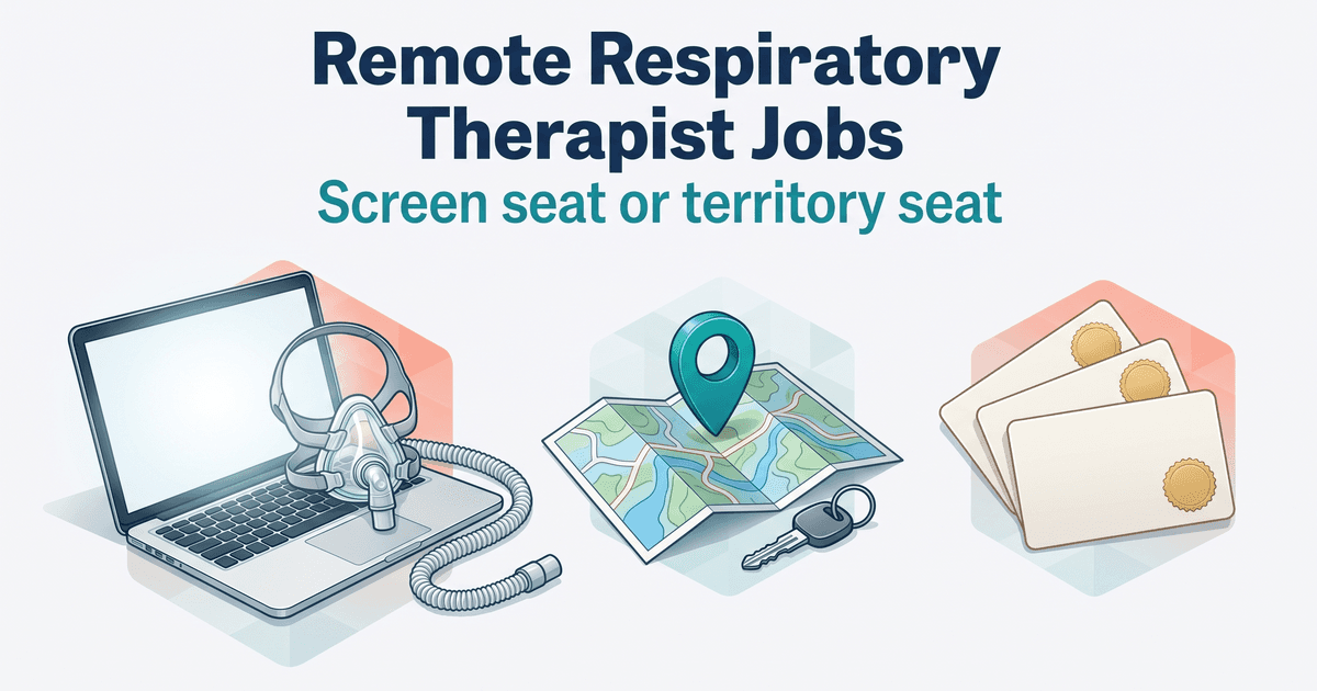 Illustrated cover for Remote Respiratory Therapist Jobs with the teal subtitle Screen seat or territory seat centered at the top, above three objects set on pale hexagons, two of them tinged coral: an open laptop with a blank screen and a CPAP mask resting on its keyboard, its coiled hose curling off the bottom; a folded blue-and-green road map with a teal location pin and a car key on a ring; and a fan of three blank cream license cards with gold seals
