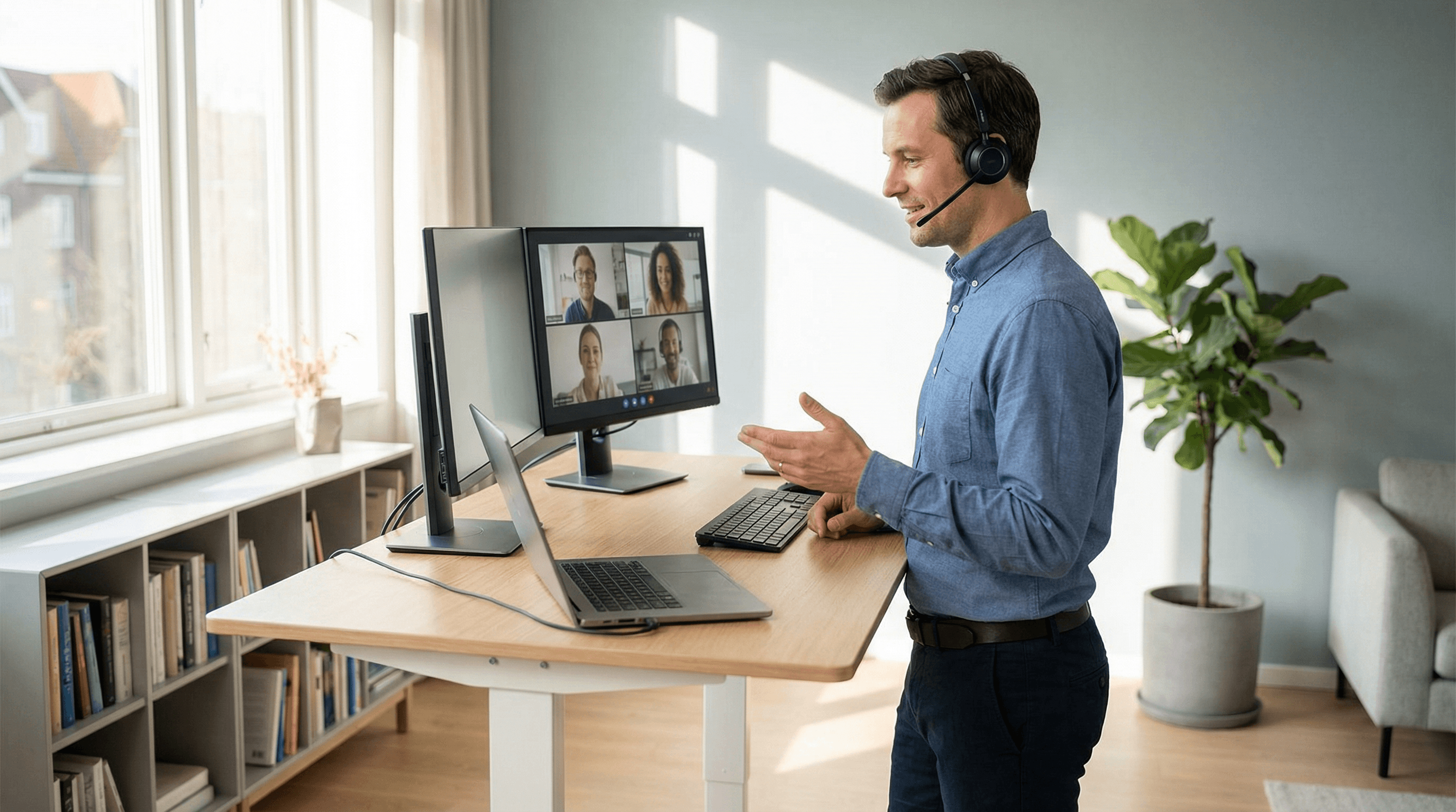 Sales professional working remotely from home office with laptop and headset on video call