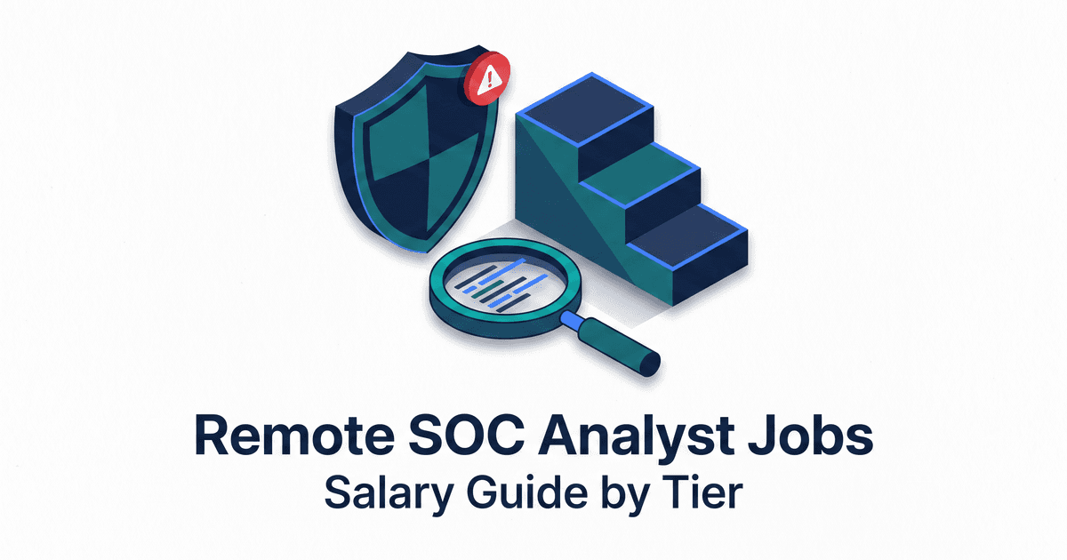 Illustrated cover for the remote SOC analyst jobs guide: a shield with a red alert badge, a magnifying glass over log lines, and a three-step tier ladder above the title on a light background